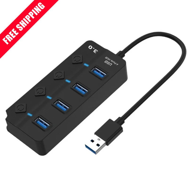 USB 3.0 4 Port Hub Splitter Multi USB Adapter with Individual Power Switches