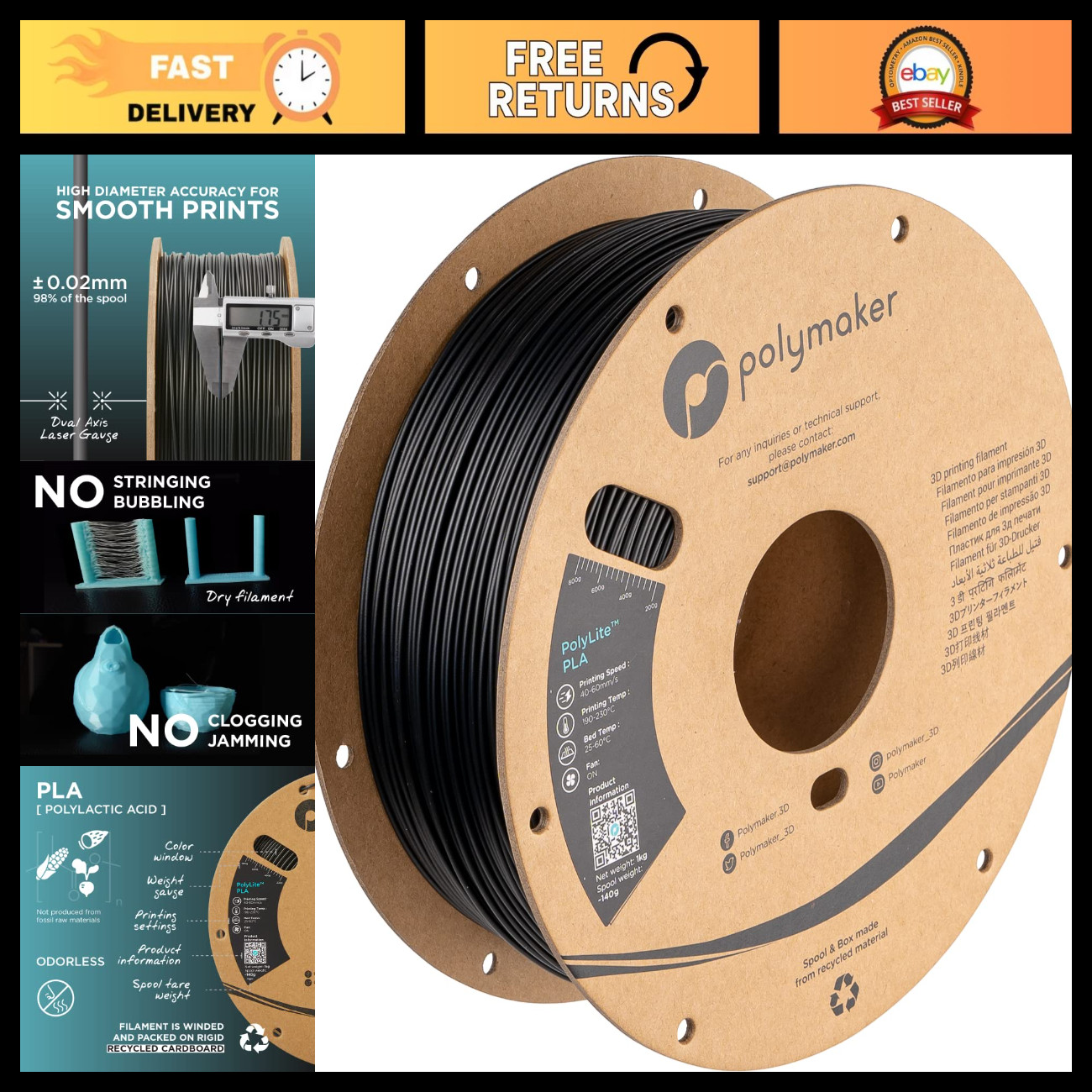 1.75mm Black PLA Filament 1KG Spool - High-Quality, Neatly Wound 3D Printing Mat