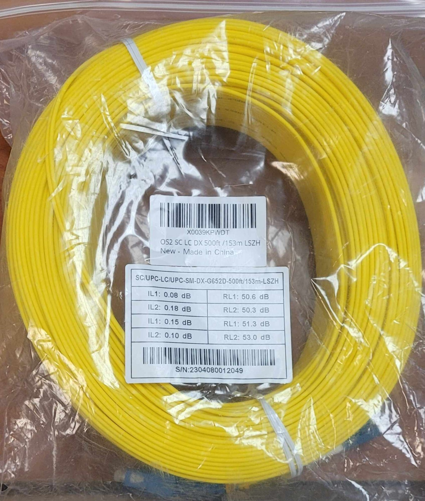 SC/UPC-LC/UPC Fiber Optic SM-DX-G652D Optical Patch Cable 500ft 153m LSZH - NEW