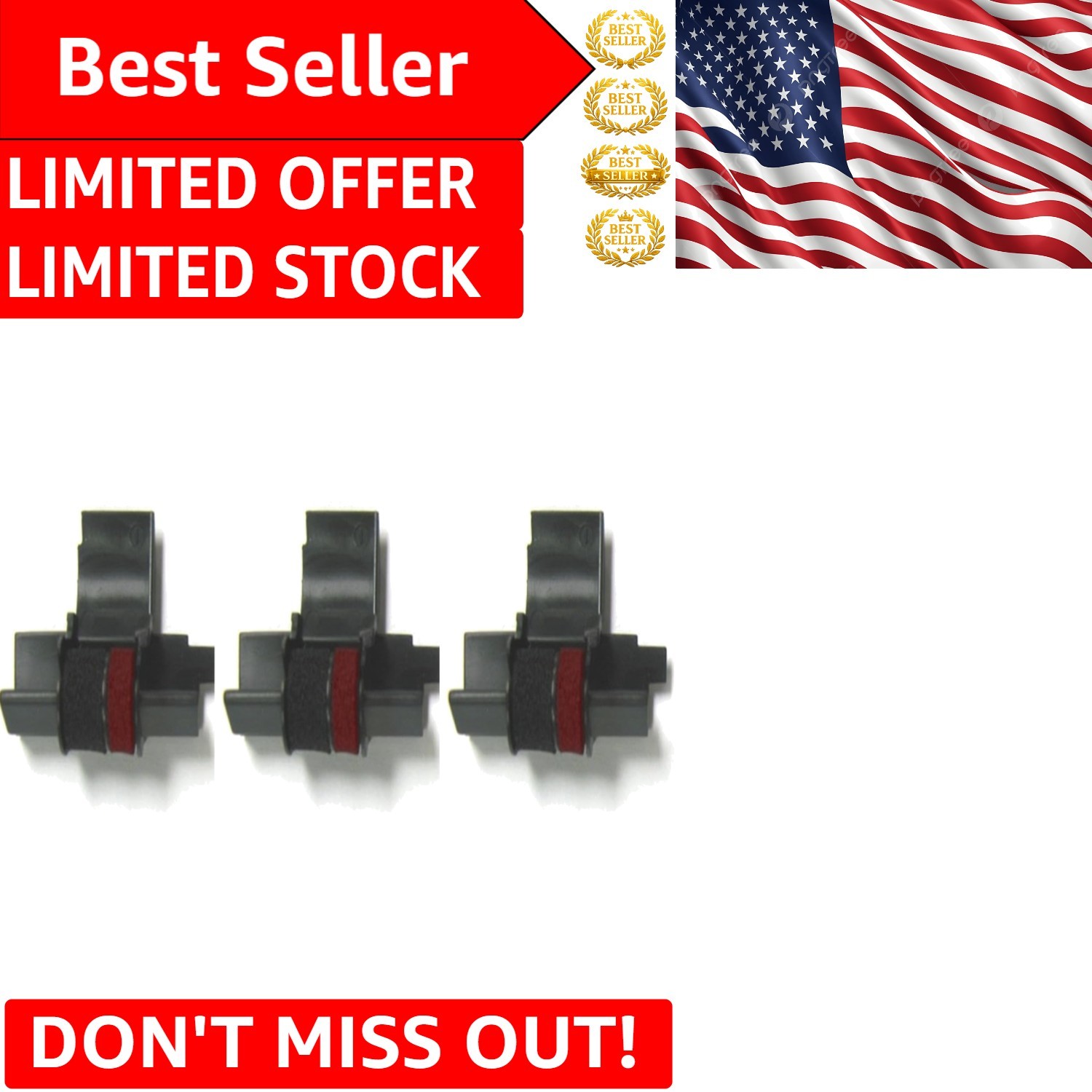 Individually Sealed 3-Pack Black/Red Ink Rollers for Sharp Printing Calculators