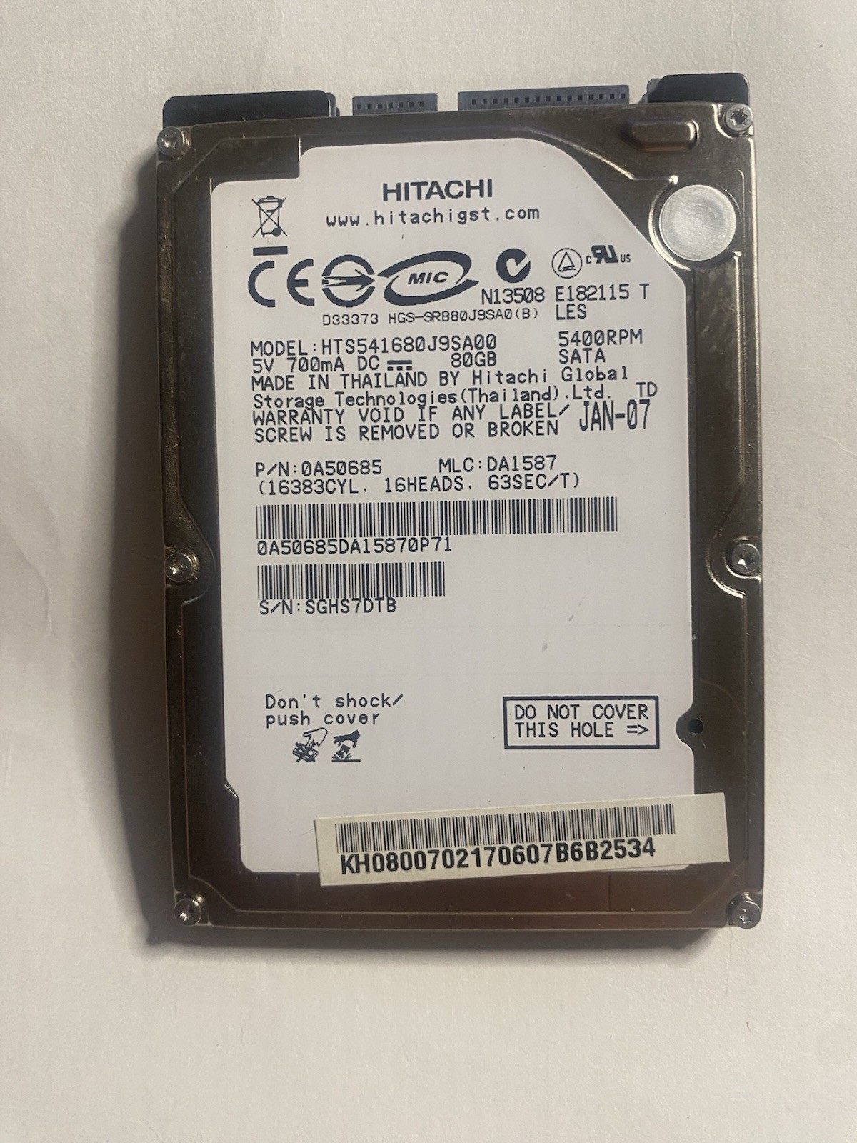 Hitachi Travelstar HTS541680J9SA00 80GB 2.5" SATA HDD - Tested/Wiped