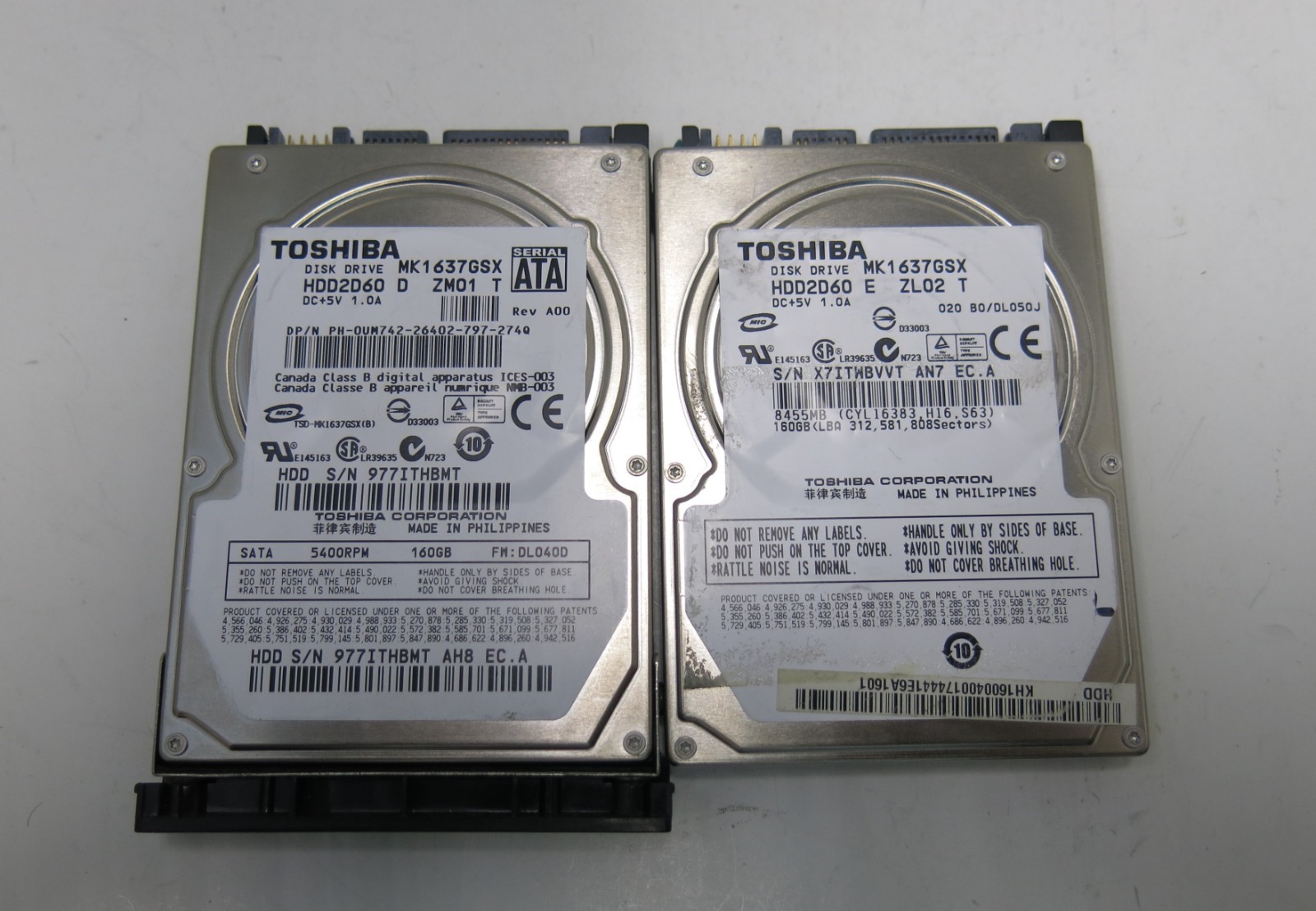 Lot of 2 Toshiba MK1637GSX 160GB 5400RPM SATA 2.5 Laptop Hard Drives Dell 0UM742
