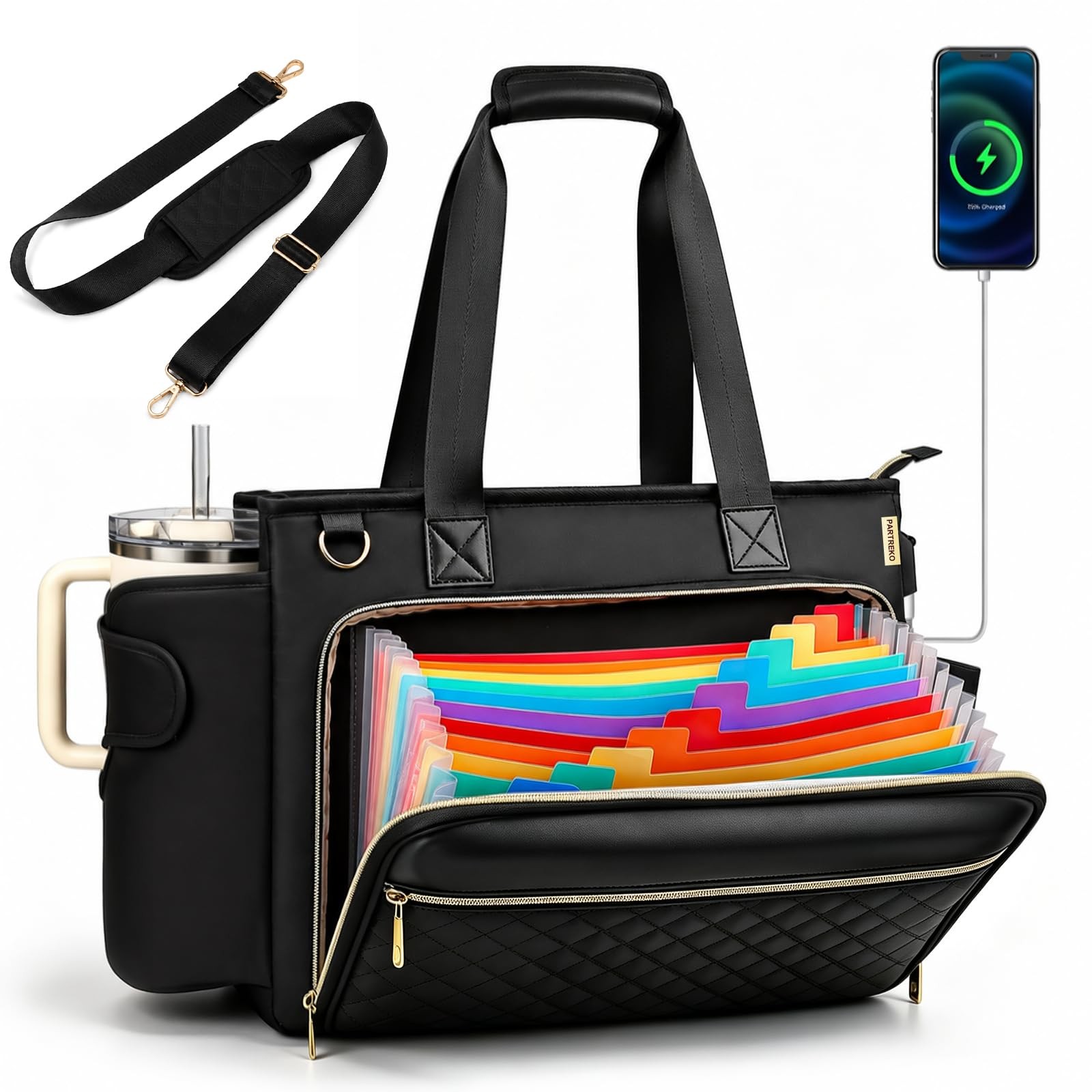 Teacher Tote Bag with Colourful Accordion File Organizer Pocket, USB Port& 15...