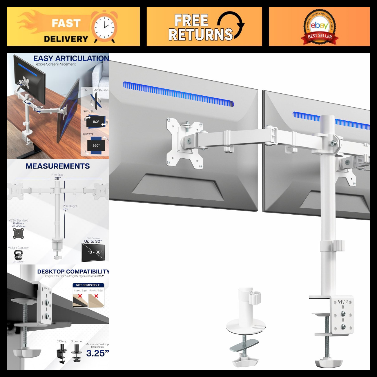 Dual Monitor Desk Mount for 13-30" Screens, Adjustable Height, VESA Compatible