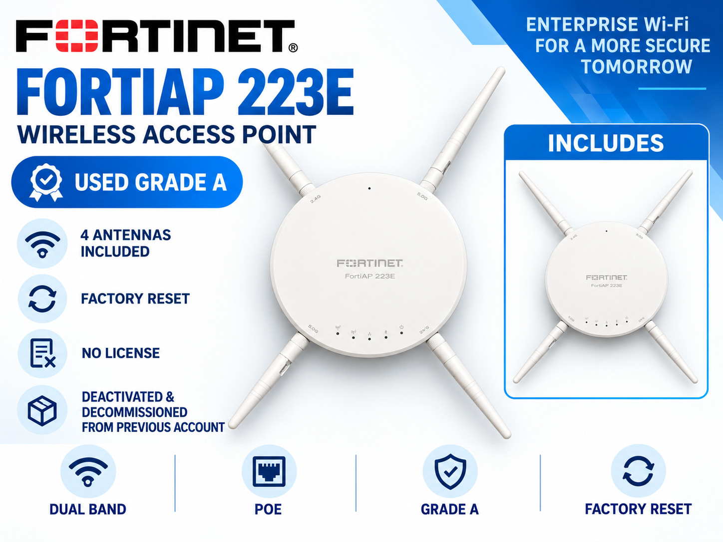 Fortinet FortiAP 223E+ FAP-223E-A Wireless AP (Access Point) 4 Antennas