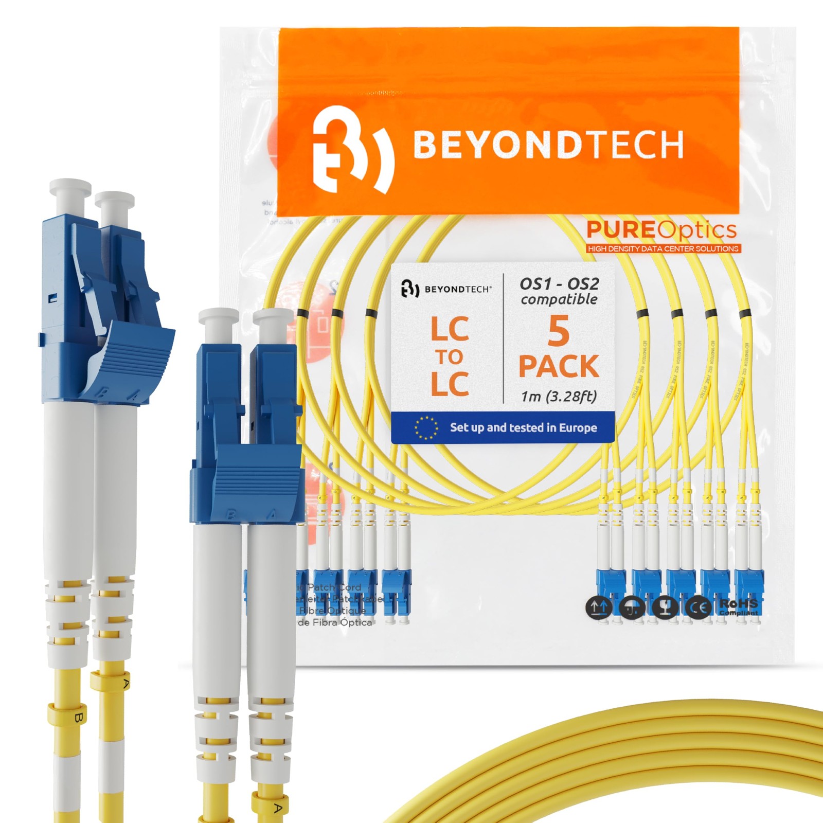 1m (3.28ft) LC to LC Fiber Patch Cable – (5 Pack) UPC Single-Mode Duplex Fibe...