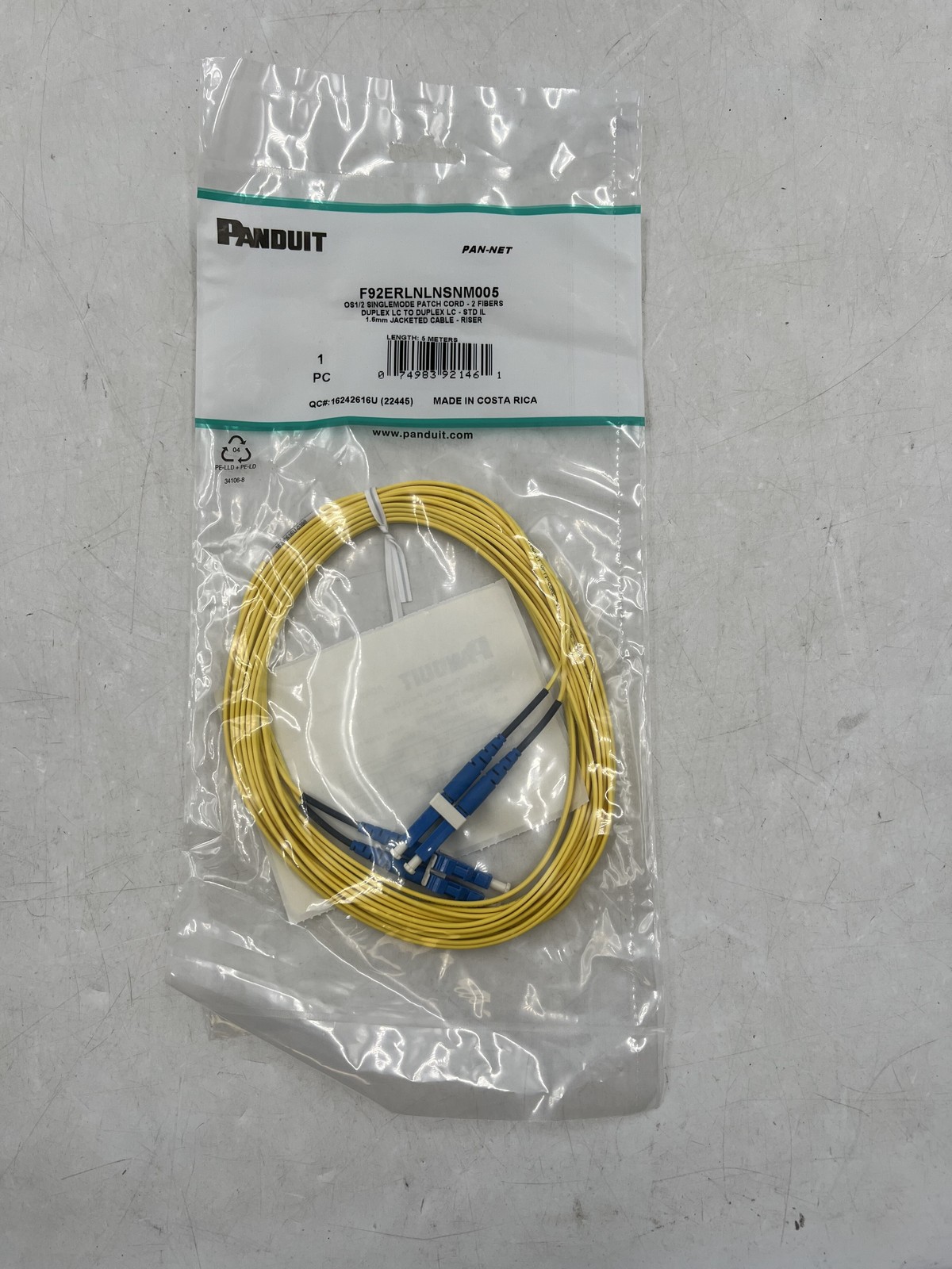 NEW SEALED Panduit F92ERLNLNSNM005 5m Os1/os2 2-fiber 1.6 Jacket Patch Cord