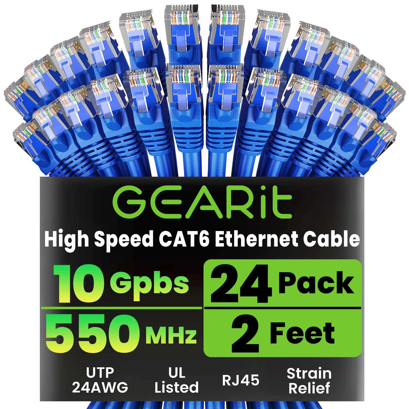 GEARit Cat6 Patch Cables Cat 6 Ethernet Cable 2 ft 24-Pack Blue