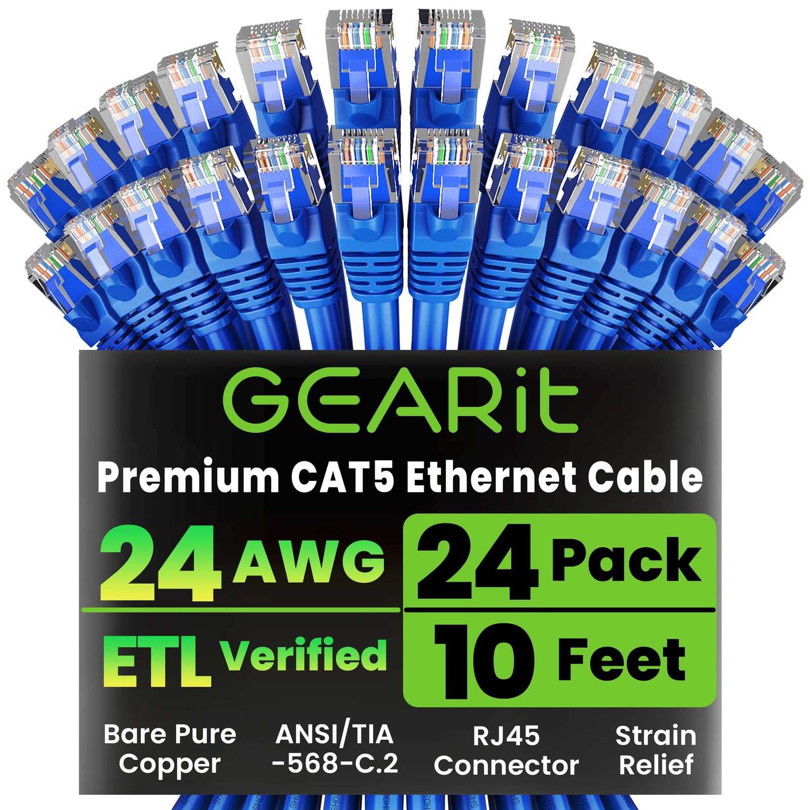 24pack Cat5e Ethernet Patch Cable 10 Feet Snagless Rj45 Computer Lan Network Cor
