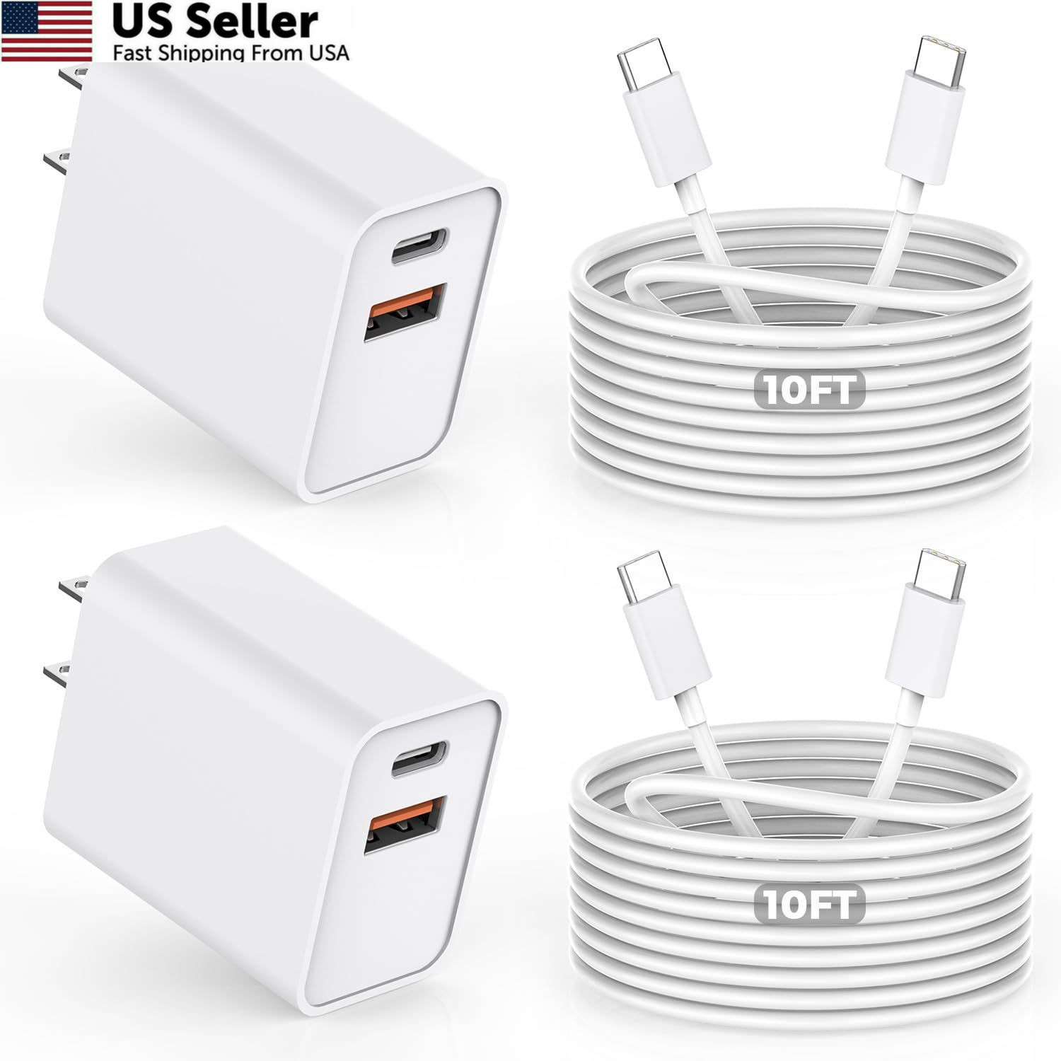 10FT iPhone 17/16e Fast Charger,2Pack 20W Dual Port USB C-C, White/White