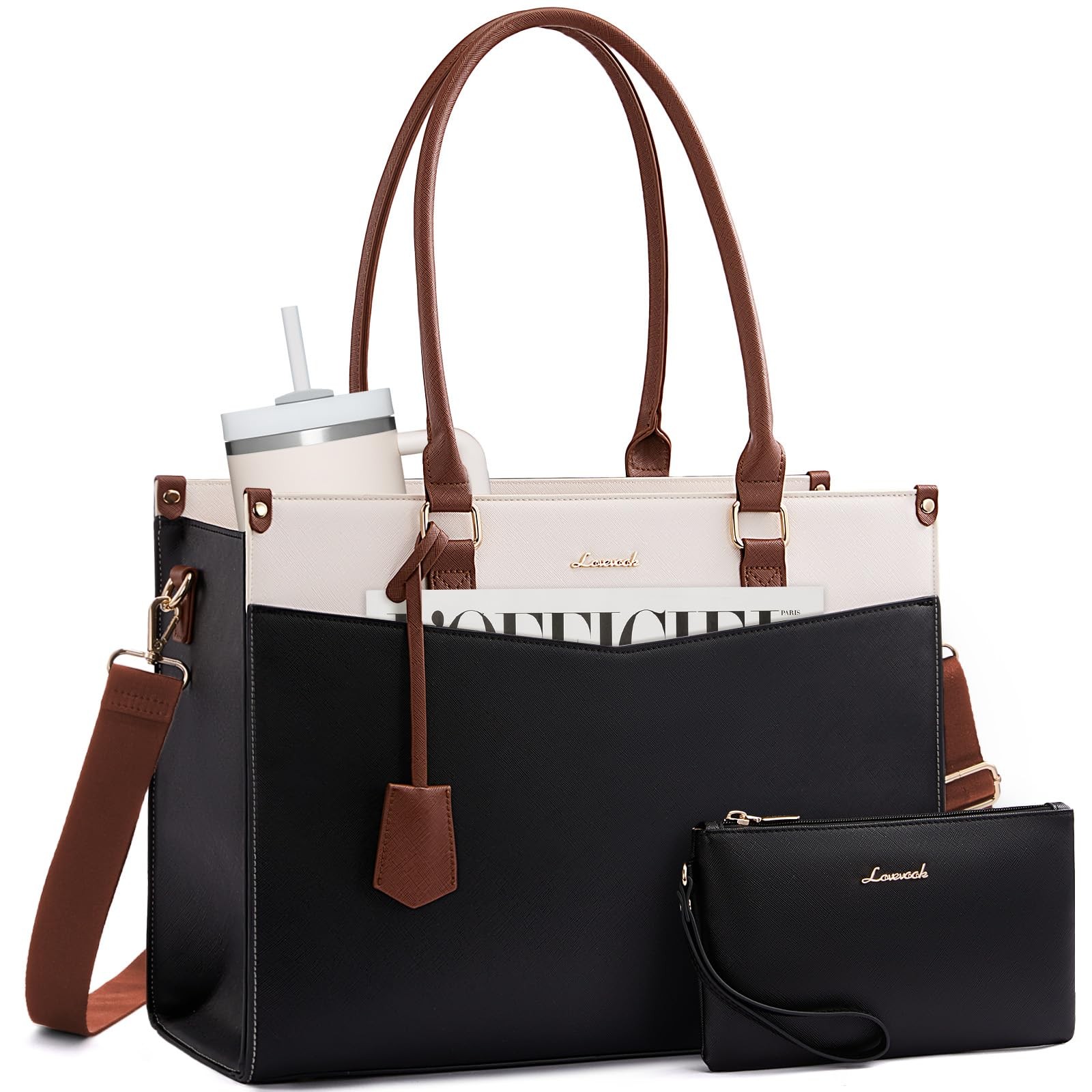 Laptop Bag for Women 15.6 Inch, Waterproof Leather Tote Purse with Cup Holder...