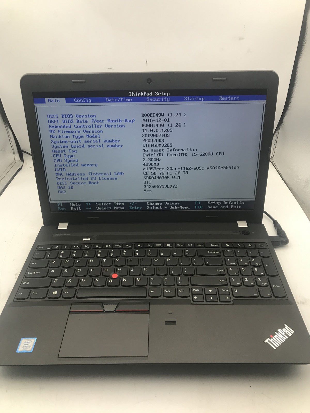 LENOVO THINKPAD E560 - BOOTS TO BIOS - INTEL I5 6200U - NO RAM - READ DESC - BB