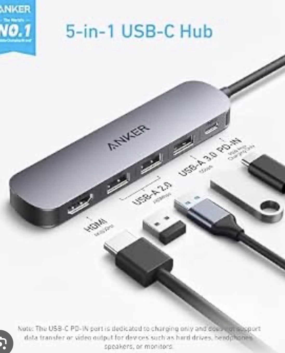 Anker 5-in-1 USB-C Hub 4K HDMI USB-A 3.0/2.0 USB-C PD Portable Gray