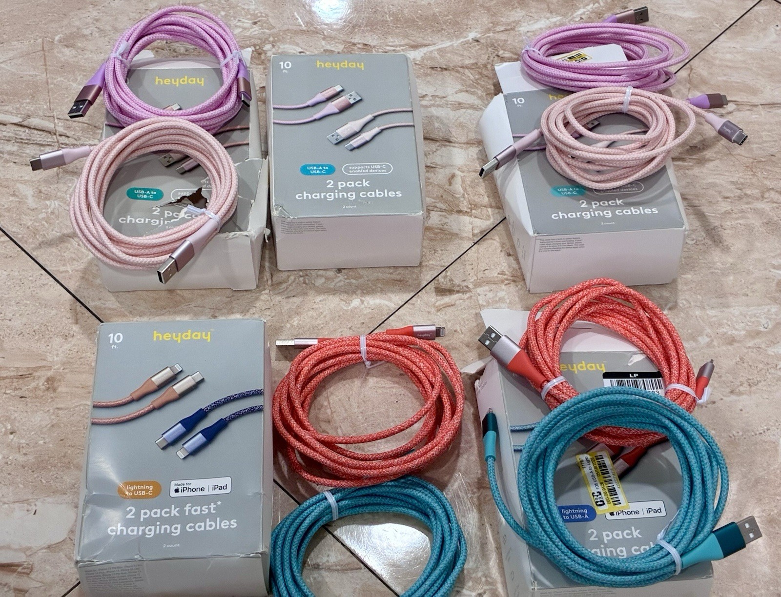 Lot of 6 Heyday 2-Pack Braided Charging Cables 3x Lightning 3x USB-C 10ft