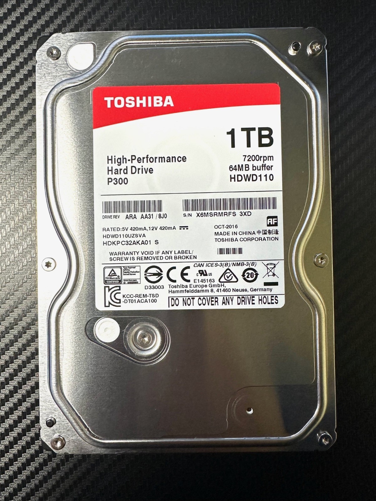 Toshiba P300 Internal Desktop 7200rpm 64MB 6gbs 3.5" 1TB Sata HDWD110UZSVA