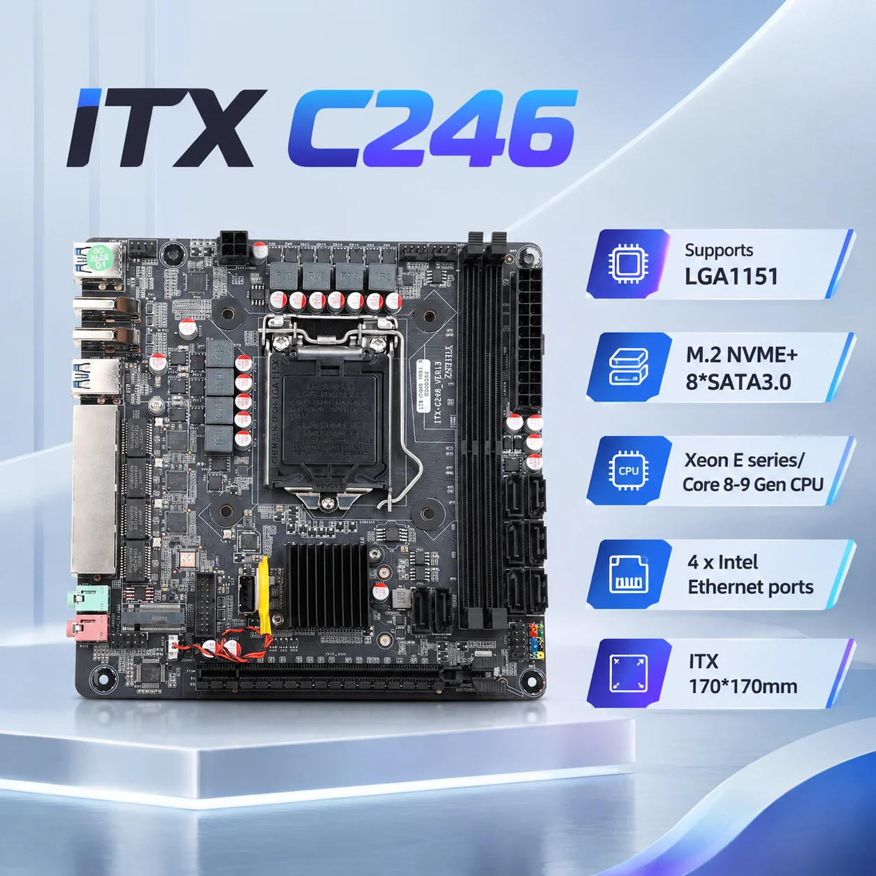 8-Bays C246 Vpro NAS Motherboard 8 SATA 4*LAN DDR4 Slot 3*M.2 8/9th Core Series