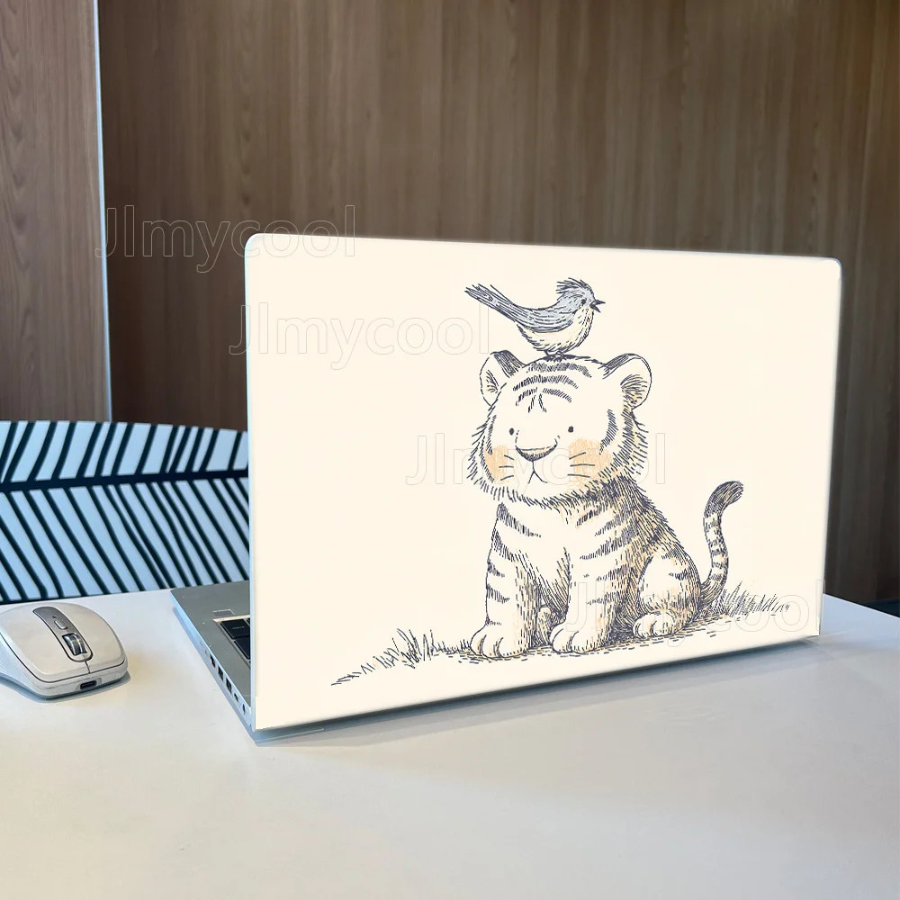 Cute Baby Tiger with Bird on Head Minimalist Sketch Removable Laptop Skin