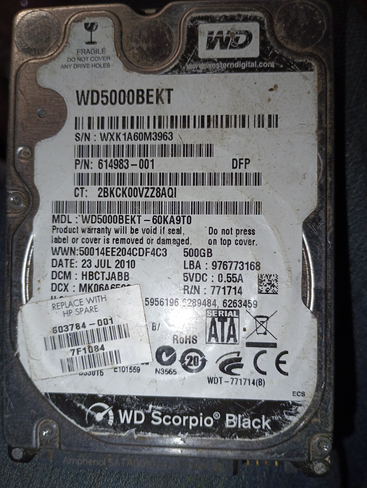 Western Digital WD5000BPKT-60KA9T0 HBNTJBB OCT 2010 500GB SATA 2.5" A22-03