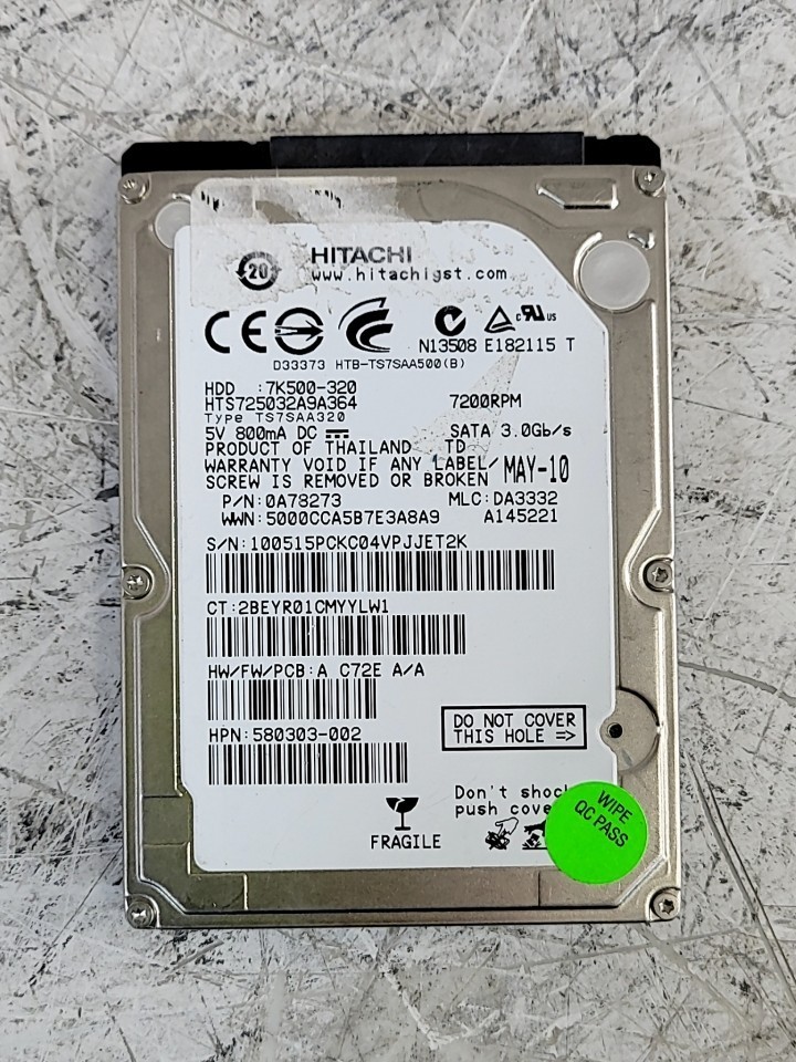 Hitachi HTS725032A9A364 0A78273 SATA 2.5" Hard Drive 320GB