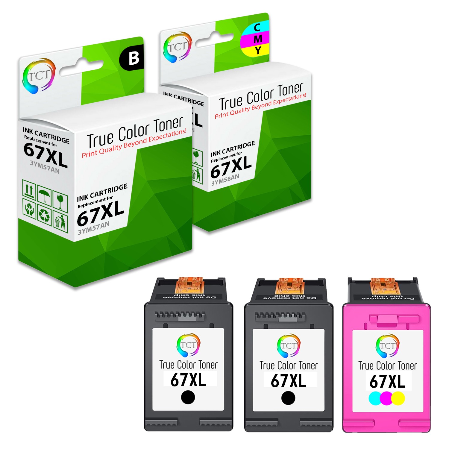 3PK TCT Premium 67XL BLK CL HY Compatible for HP ENVY 6055 6052 Ink Cartridge