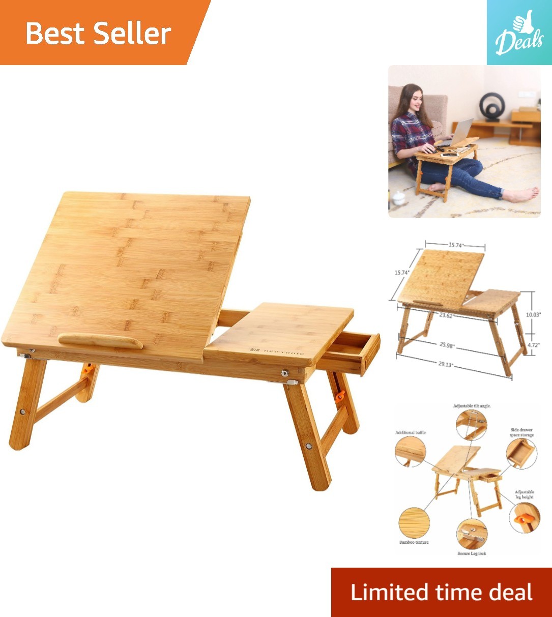 Adjustable Bamboo Laptop Desk Bed Tray with Tilting Drawer – Portable & Elegant