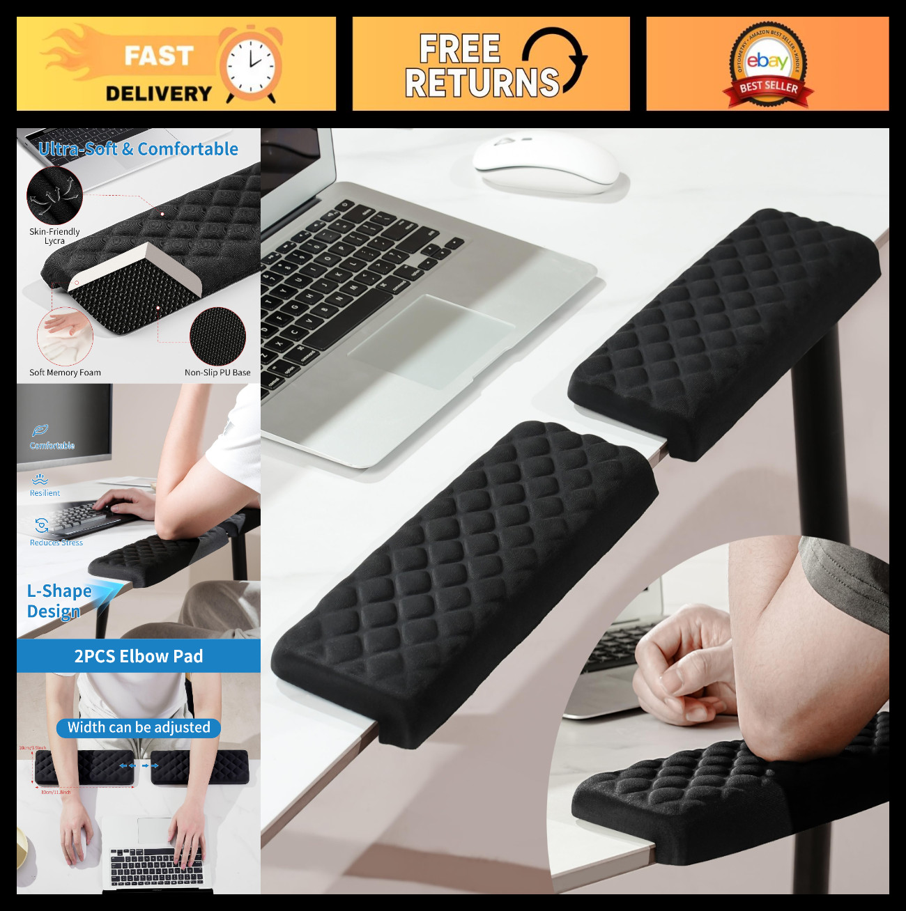 Ergonomic L-Shaped Desk Elbow Pad - Memory Foam Support Cushion, Non-Slip, 2 Pcs