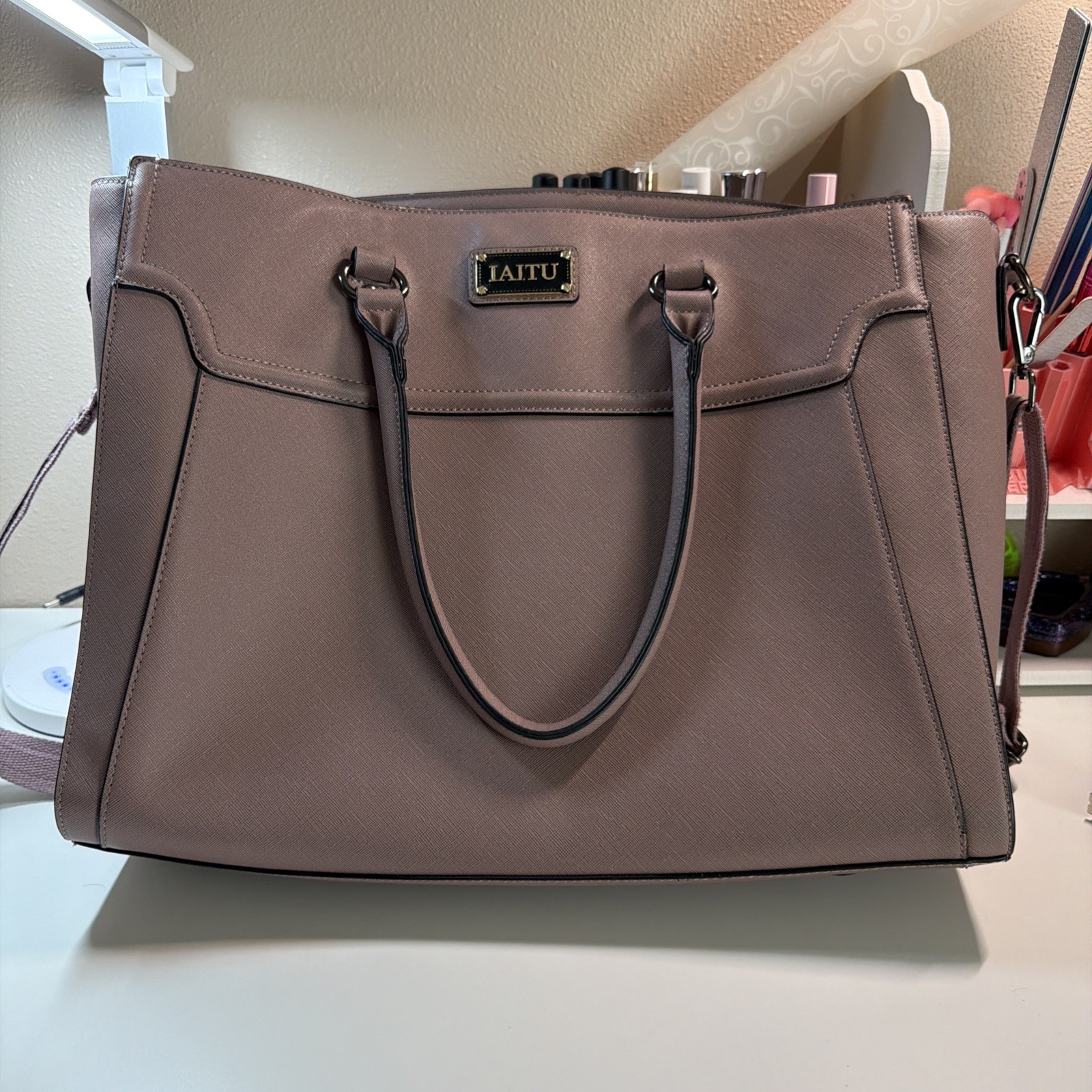 LAITU 16.5" Laptop Work Tote Bag Briefcase Mauve Pink Purple Faux Leather
