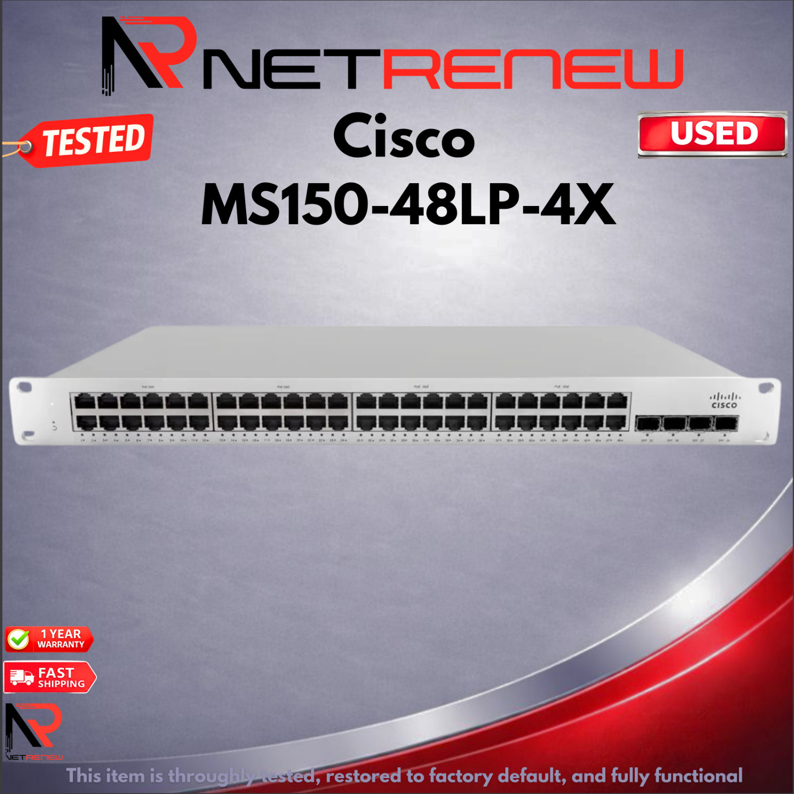 Unclaimed Cisco Meraki MS150-48LP-4X 4x10G SFP+ 48 Port Gigabit PoE+  Switch