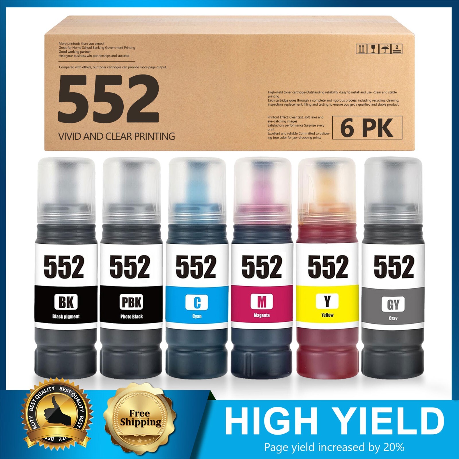 T552 552 6-Pack Ink Bottles(BK/PBK/C/M/Y/GY)for Epson EcoTank ET-8550 ET-8500