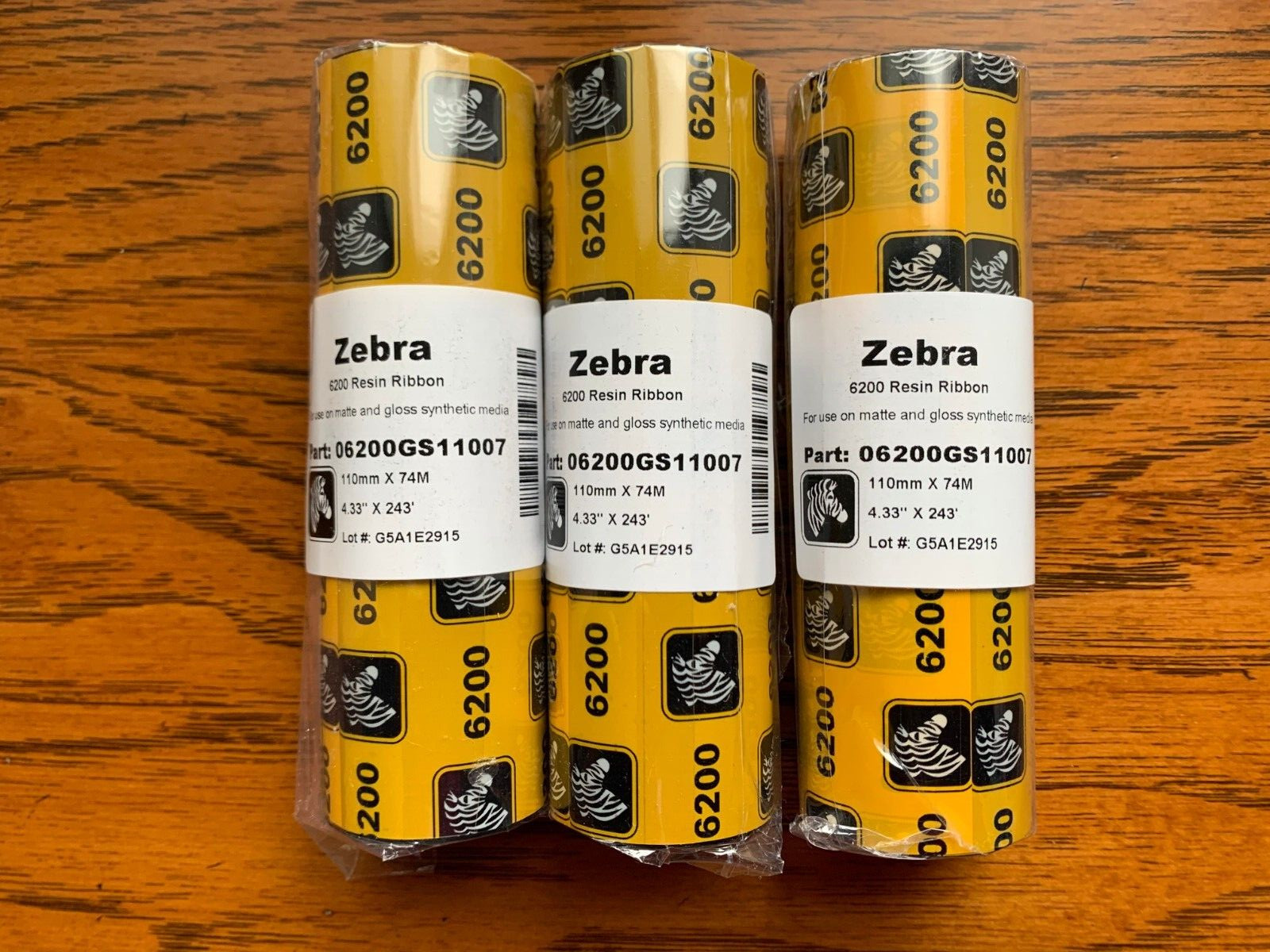 (Qty 3 rolls) Zebra 6200 Resin Thermal Ribbon 4.33" x 243 ft   P/N 06200GS11007