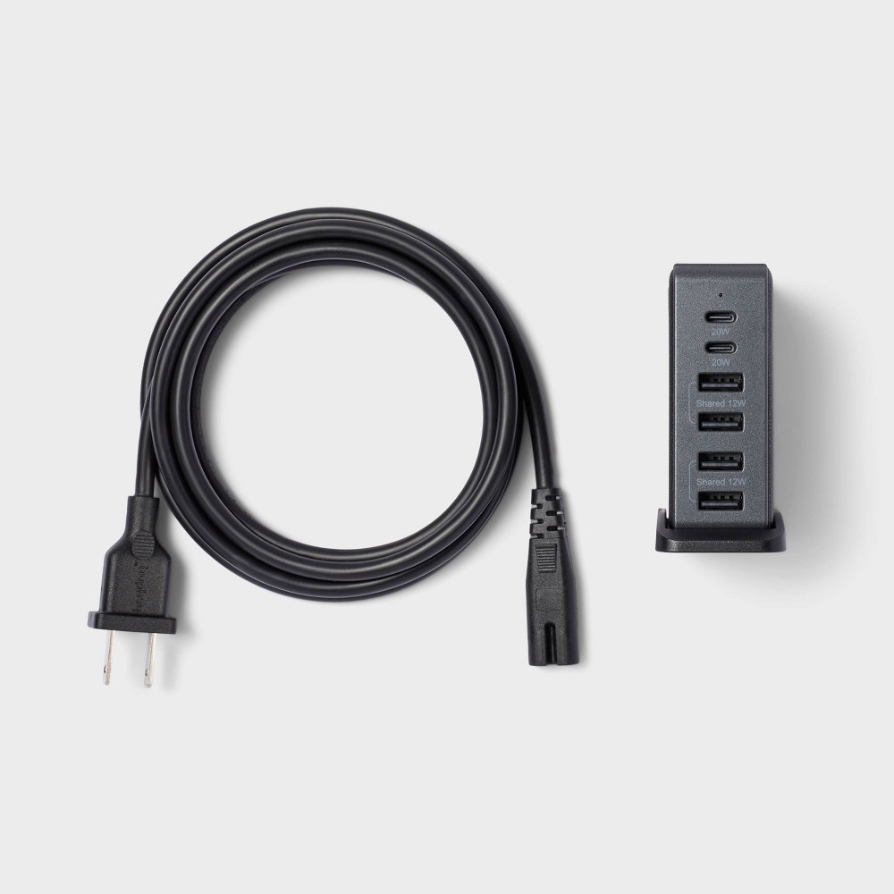 Heyday 6-Port Charging Hub USB-C & USB-A Tower Black Saffiano NEW – 64W Power