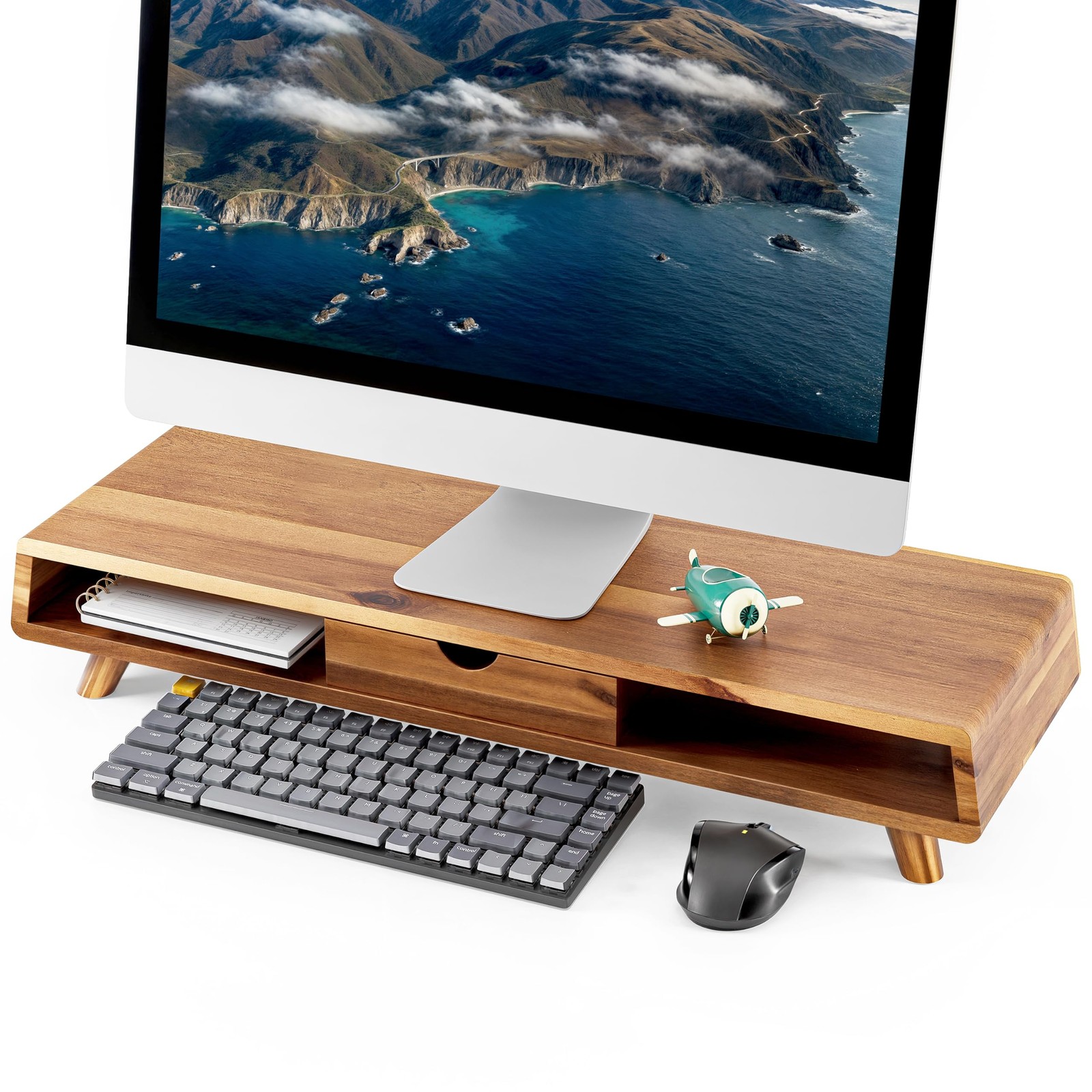 Tinamo Acacia Monitor Stand with Drawer, 24.4 " x 8" x 5",