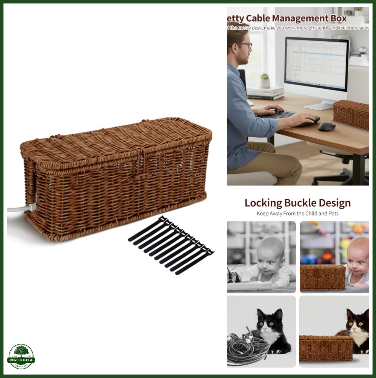 Cable Management Box, Desk Handwoven Rattan Cord Hider Cable Organizer Box With