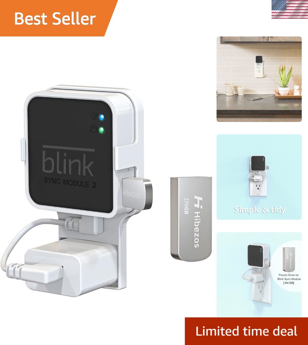 256GB USB Flash Drive & Outlet Mount for Blink Sync Module 2 - Easy Installation