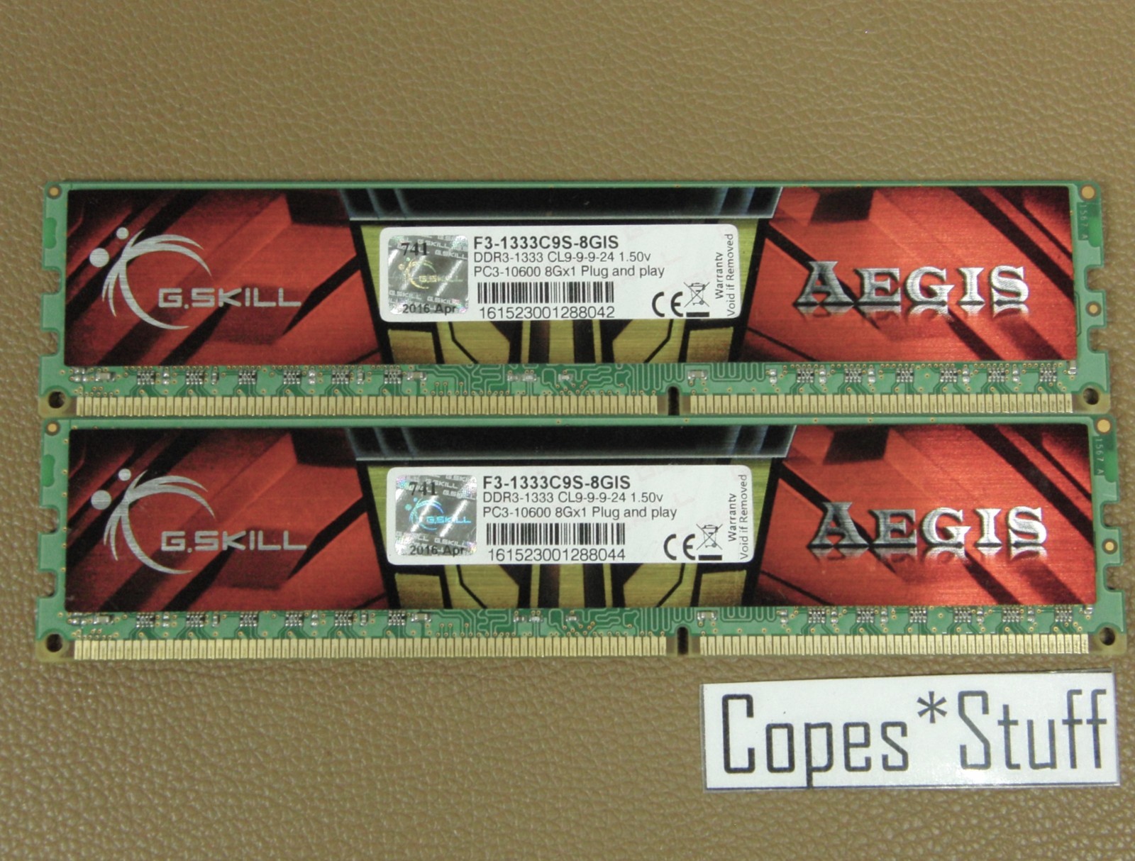 G Skill Ripjaws AEGIS F3-1333C9S-8GIS DDR3 PC3-10600u LOT (2) x 8GB = 16GB RAM