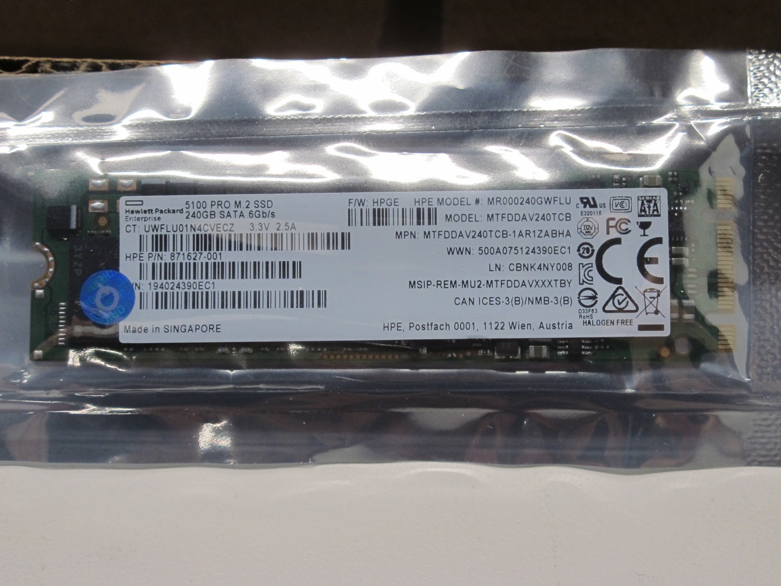 HPE Micron SSD 5100 Pro MR000240GWFLU HP240-GP TLC SATA M.2 2280