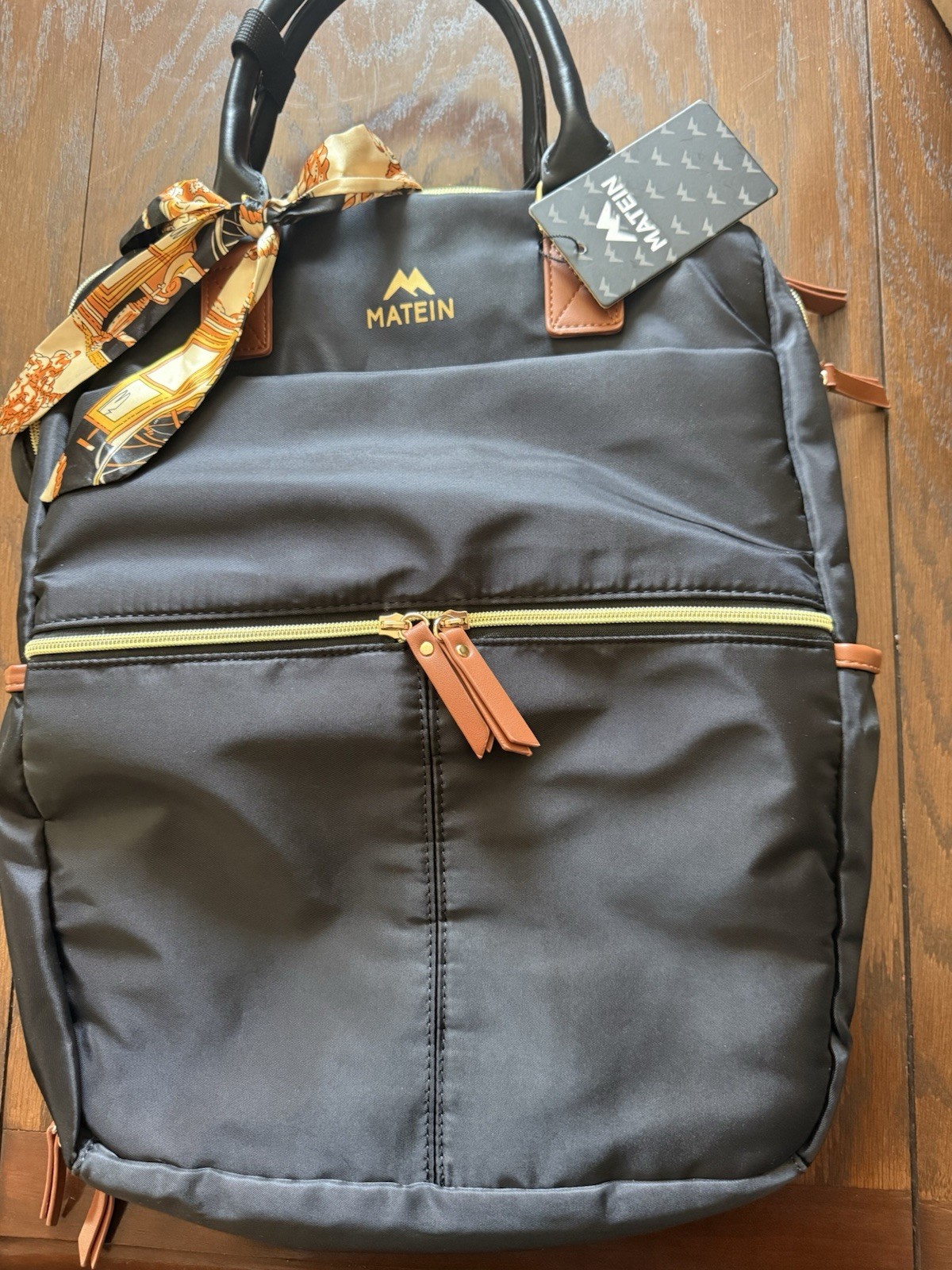 MATEIN Padded Solid Laptop Backpack Bag - Black with Brown Trim/Handles