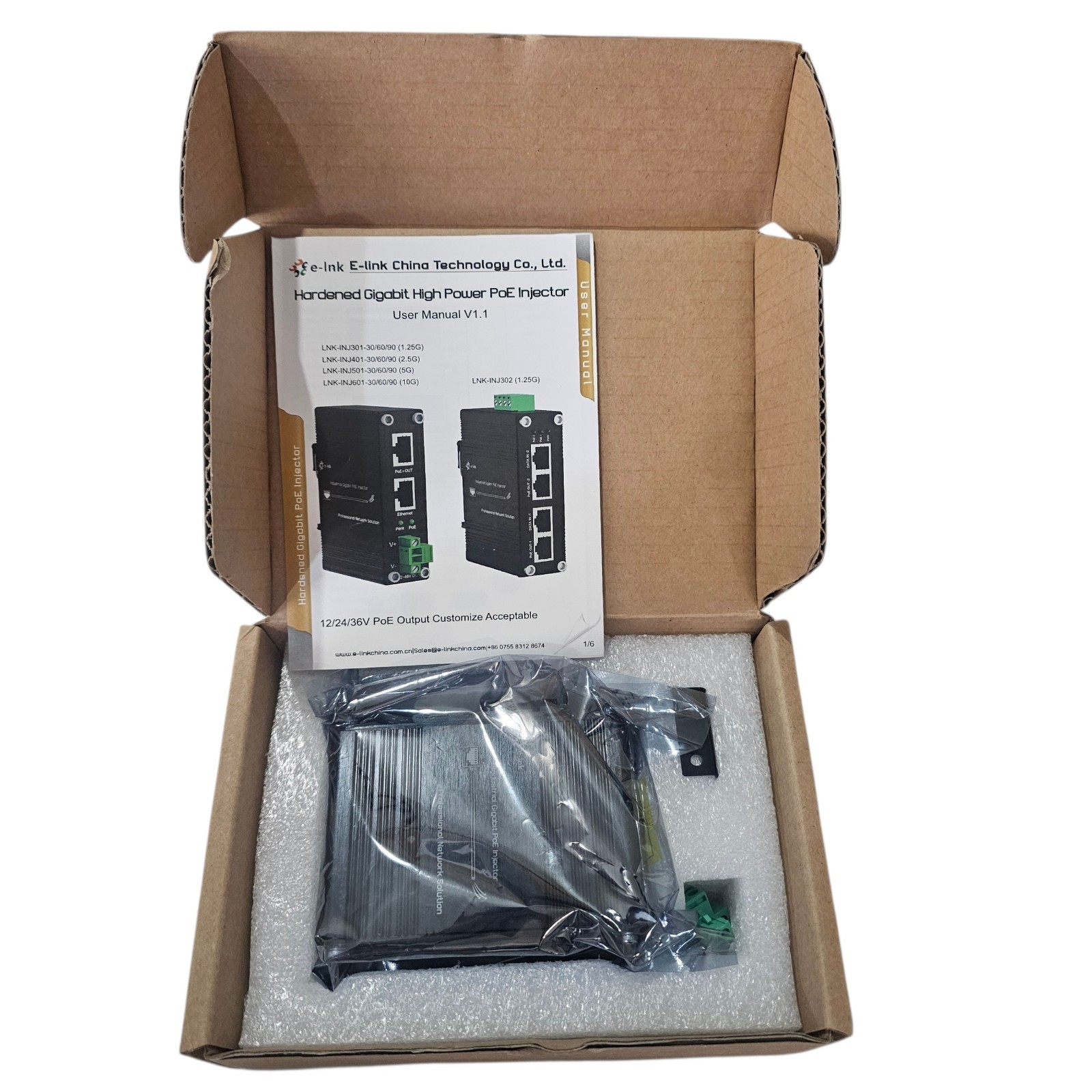 E-Link Hardened Industrial Gigabit 30W PoE+ Injector 12-48V IEEE 802.3at Adapter