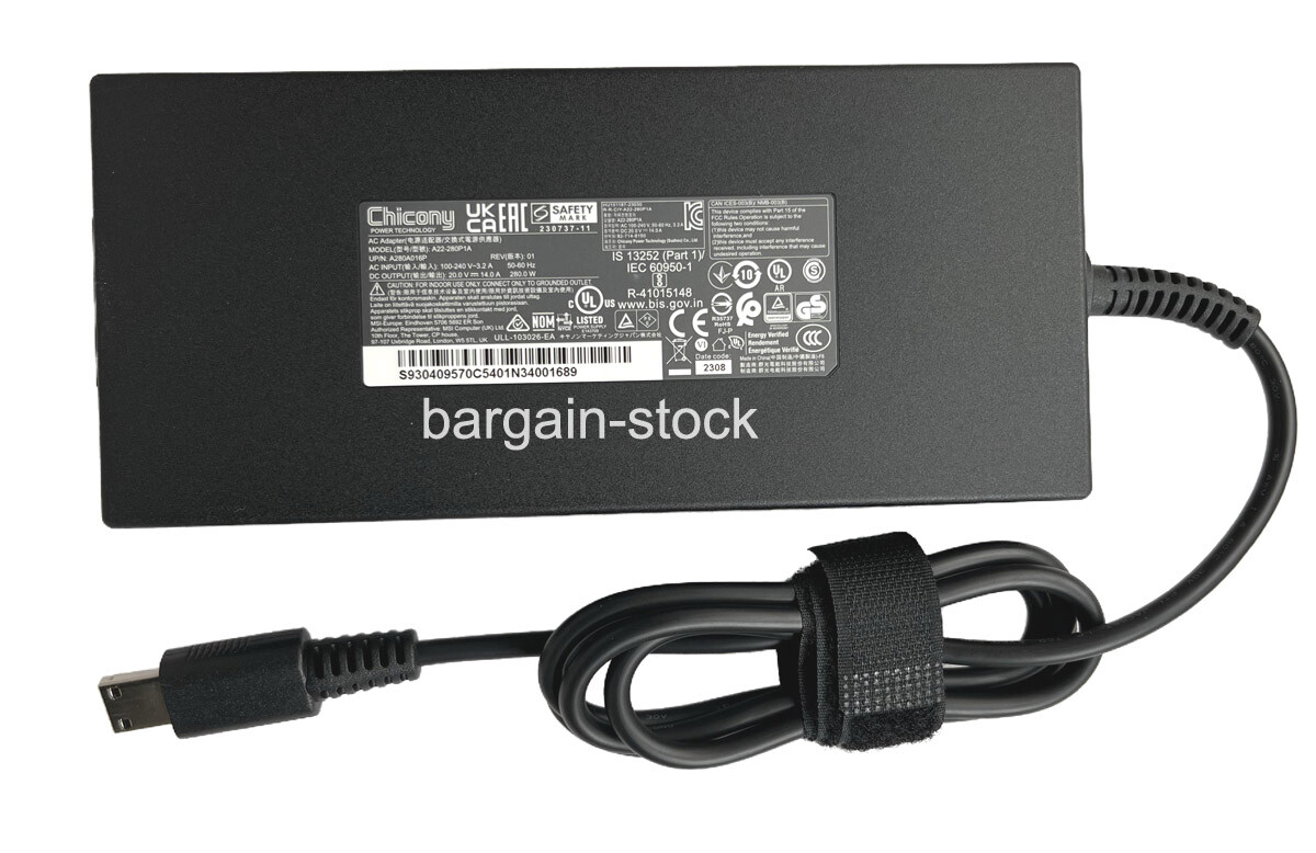 Slim Chicony 20V 14A 280W A22-280P1A AC Adapter Charger MSI Vector 17 HX USB Tip