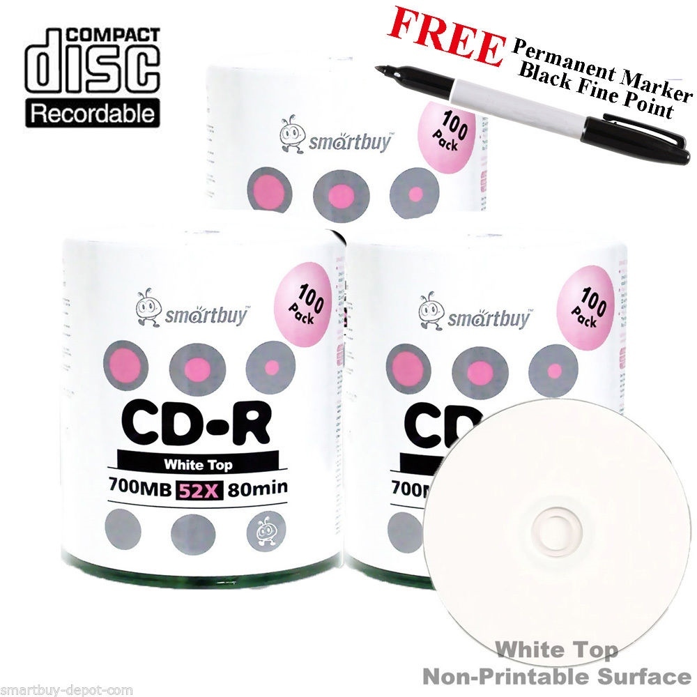 300-Pack SmartBuy CD-R 52X 700MB White Top Record Disc + Black Permanent Marker