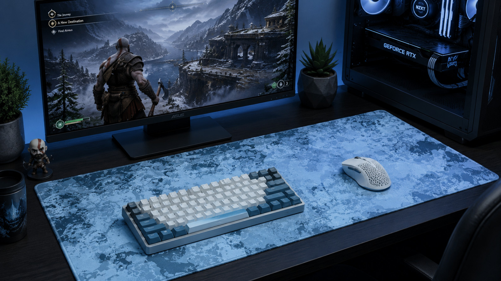 XL Blue Abstract Gaming Mouse Pad 35.5x15.5" Extended Desk Mat Stitched Edge