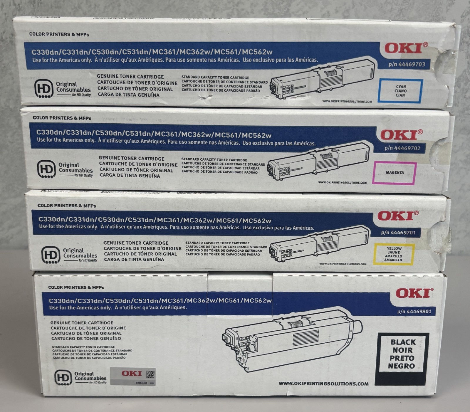 OKI Genuine C330 MC361 Toner Set CMYK 44469801 44469701 44469702 44469703 Sealed