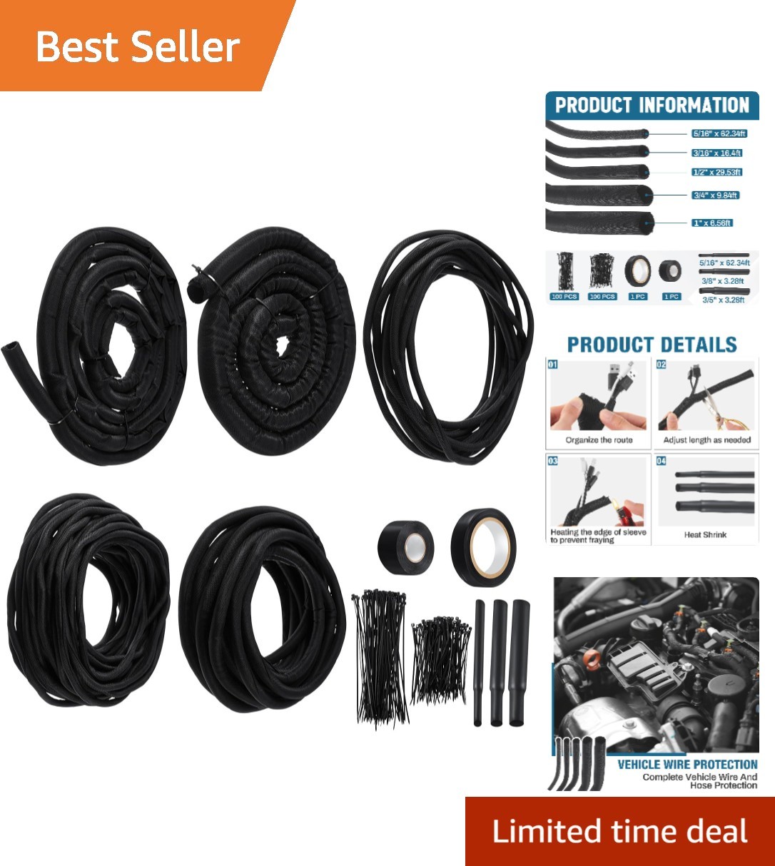 210-Piece Wire Loom Sleeve Kit with Heat Shrink & Secure Ties - Automotive & DIY