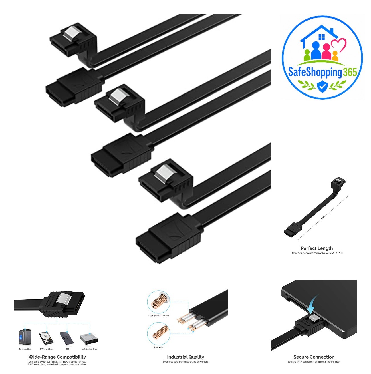SATA Data Cable 6Gbps Right Angle Locking Latch 20 Inch 3 Pack Internal SSD HDD