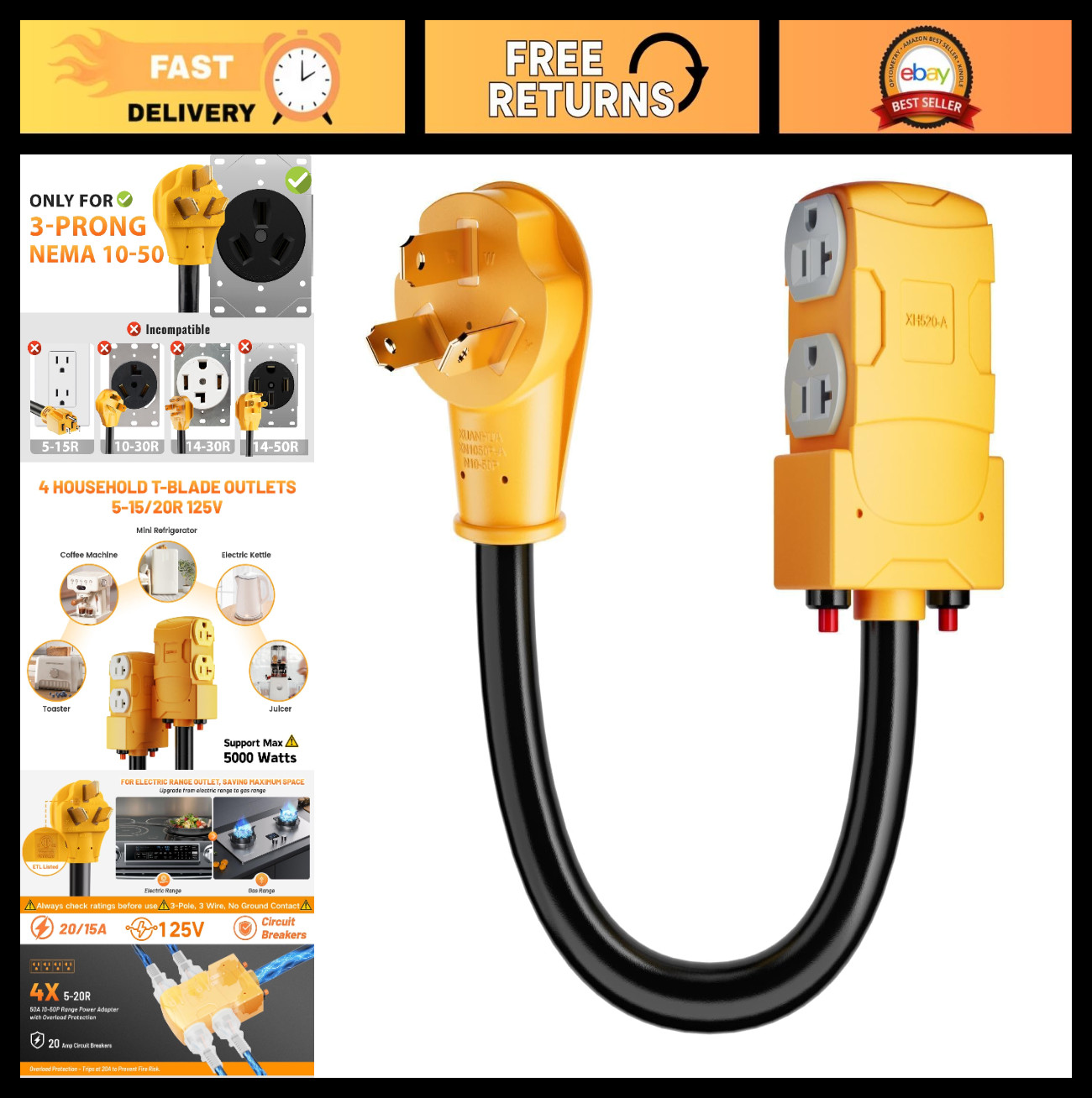 50A 220V to 110V T-Blade Adapter, NEMA 10-50P to 4X 5-20R/15R, 20A Breaker, 1.5f