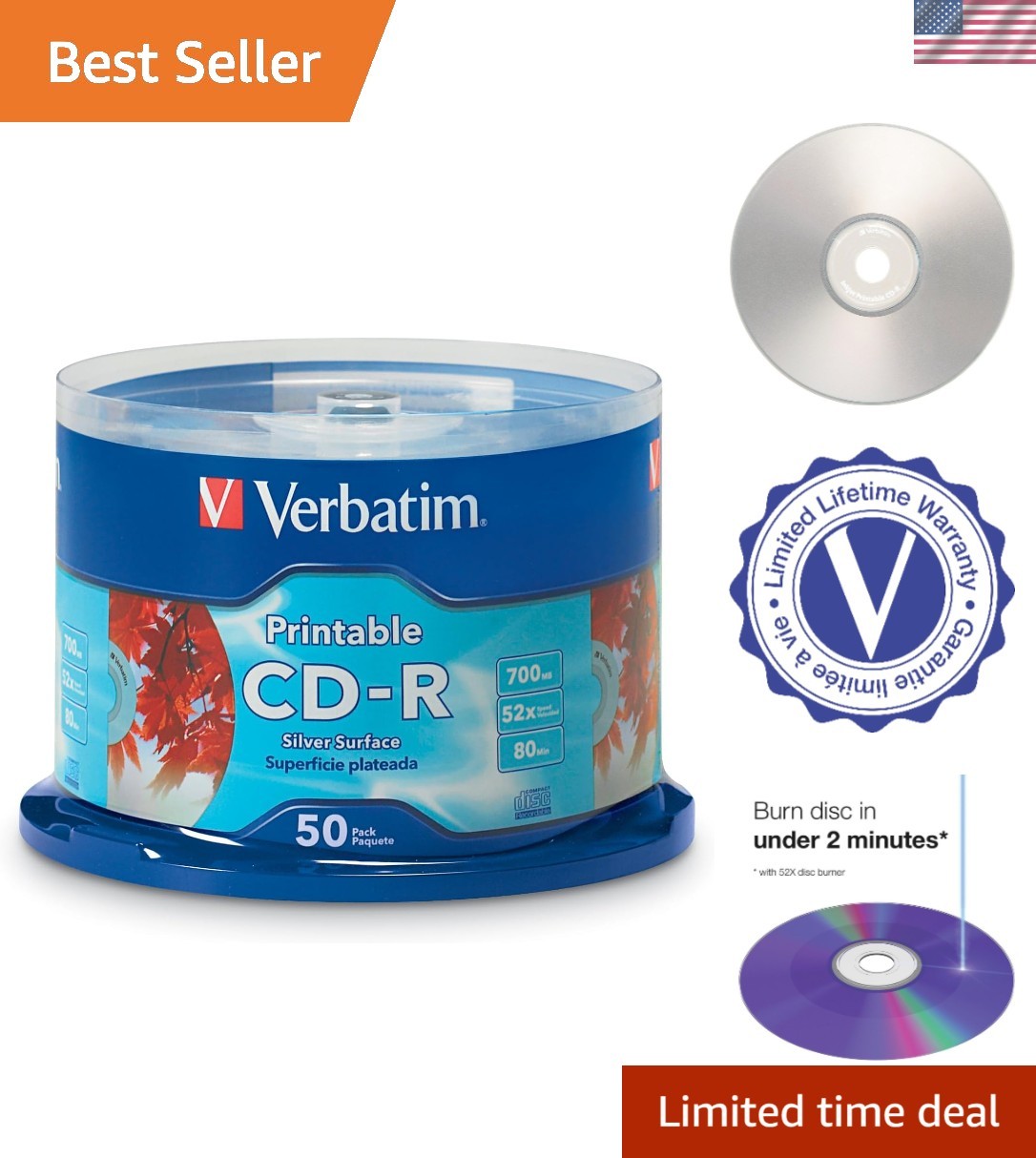 50pk Silver 52X CD-Rs, 700MB Capacity - Ideal for High-Quality Printing