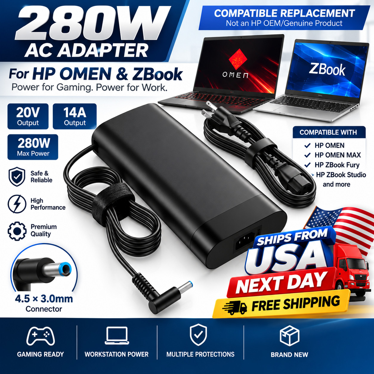 280W 20V 14A Charger for HP OMEN 16/17 & ZBook Fury 16 G11 Power Adapter NEW
