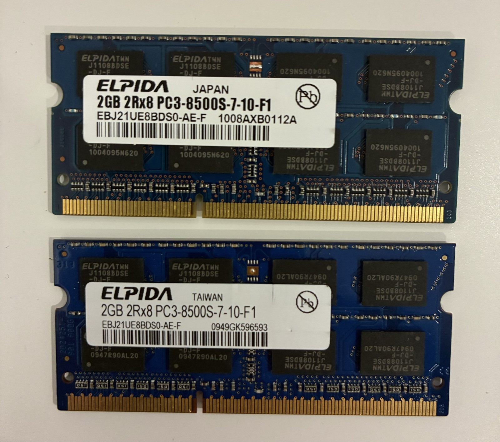 2x Elpida 2GB 2Rx8 PC3-8500S-7-10-F1