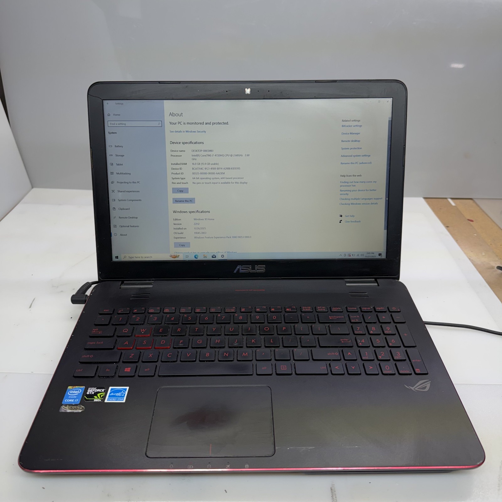 ASUS GL551J i7-4720HQ@2.60GHz 16GB RAM 480GB M2 SATA NVIDIA GTX 960M 15.6" *READ