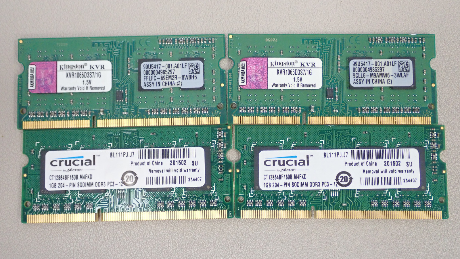 Lot of 4 - 1GB each Kingston KVR1066D3S7/1G DDR3-1066 SO-DIMM